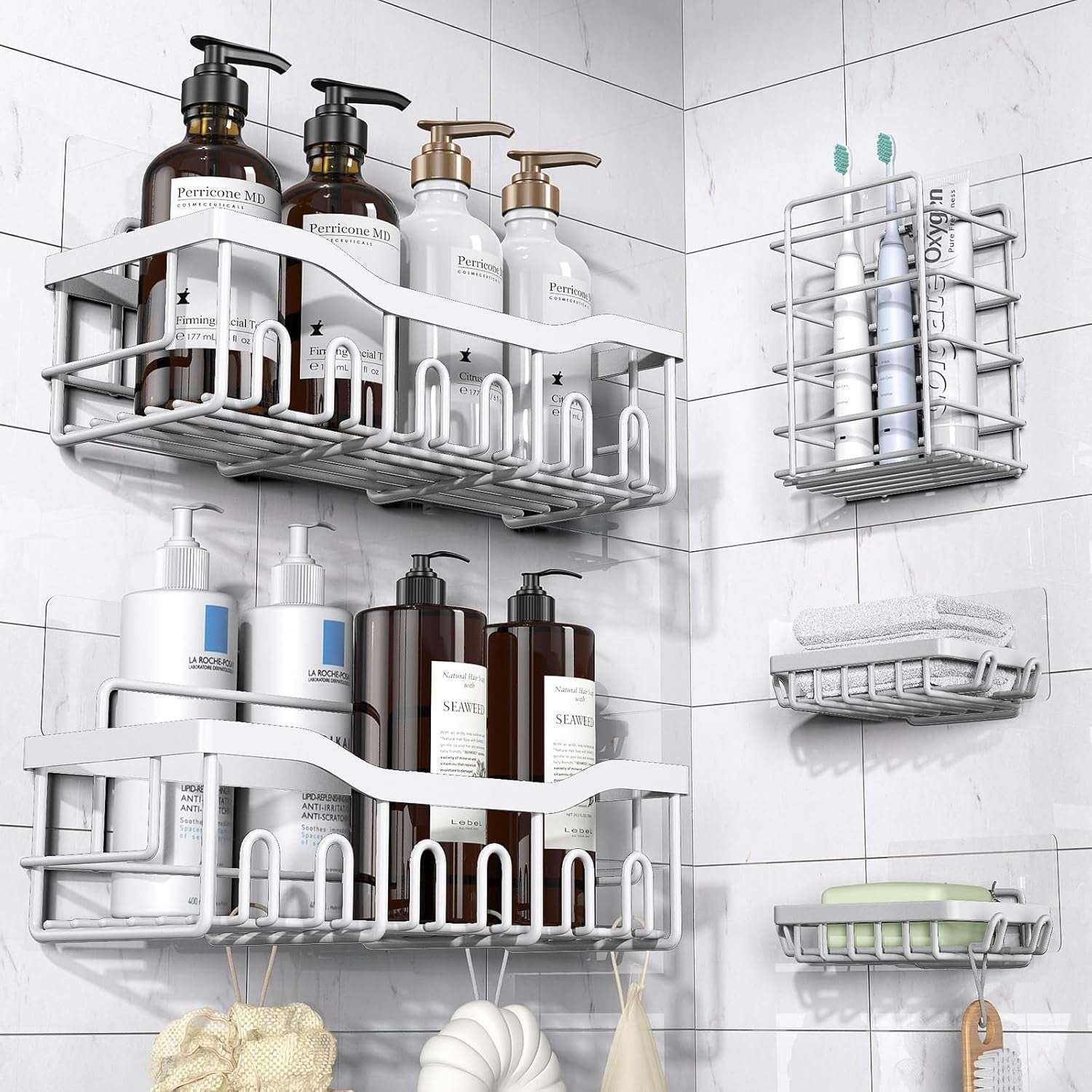 EUDELE Adhesive Shower Caddy, 5 Pack Rustproof Stainless Steel Bath Organizers With Large Capacity, No Drilling Shelves for Bathroom Storage & Home Decor