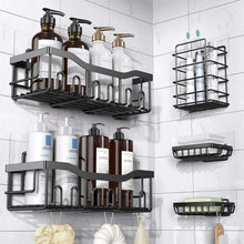 Adhesive shower caddy set with multiple wall shelves, hooks, and utensil holders