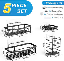 5-piece adhesive shower caddy set in black with soap and toothbrush holders