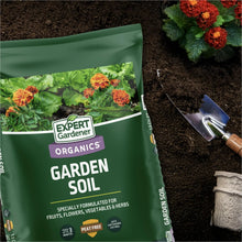Garden soil bag with Expert Gardener Organics branding and Garden Soil label