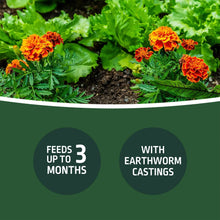 Garden soil package panel with marigold plants and benefits text for feeding up to 3 months