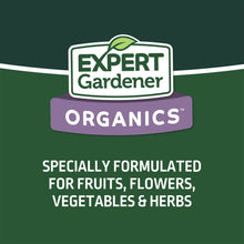 Garden soil package panel with Expert Gardener Organics logo and fruits, flowers, vegetables text