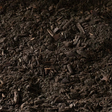 Dark brown raised bed soil with small wood chips and mulch fragments.