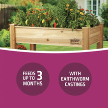 Raised bed mix label graphic: feeds up to 3 months, with earthworm castings.