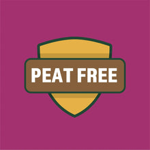 Peat free badge icon for raised bed mix, brown shield with green outline.