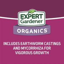 Expert Gardener Organics raised bed mix label: includes earthworm castings and mycorrhiza.