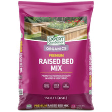 Organic raised bed mix bag, purple packaging with Expert Gardener logo and text.