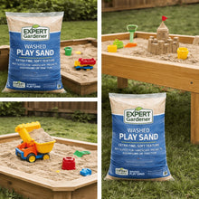Washed play sand bag and sandbox filled with sand and colorful toy vehicles