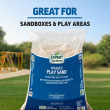 Washed play sand bag with blue label, standing upright