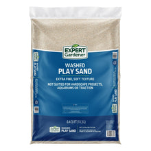 Washed play sand bag with blue-and-white label, filled with light beige sand