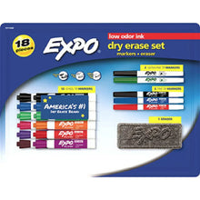 Dry erase marker set in retail box with colored markers and gray eraser