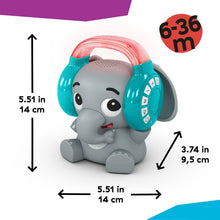 Elephant Bluetooth sound machine with teal headphones, clear handle, and size markers