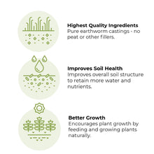 Earthworm castings benefit icons for quality ingredients, soil health, and growth