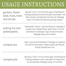 Earthworm castings usage instructions chart with application areas and timing