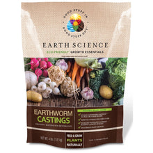 Earthworm castings bag with front label and colorful produce photo