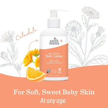 Sweet orange baby lotion bottle with pump, orange slice and flower illustration