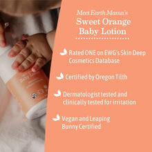 Baby lotion bottle held by hands with certification icons