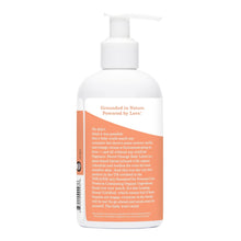 Back view of sweet orange baby lotion bottle with pump and barcode area