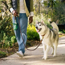 Dog waste dispenser on leash handle with green bag roll, attached during a walk