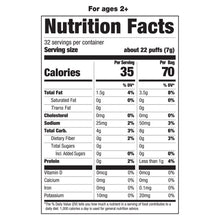 Nutrition Facts panel for organic veggie puffs, serving size 7g