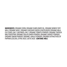 Ingredients list for organic cheddar veggie puffs, includes milk and corn