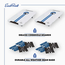 Two white cornhole boards with blue stripes and black legs, with bean bags