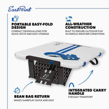Folded white cornhole board with blue stripe and bean bags, with carry handle