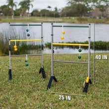 Steel ladderball set on grass with yellow and green balls, two height options shown