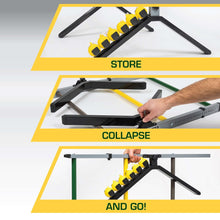Ladderball set storage and collapse steps with yellow balls and black bases