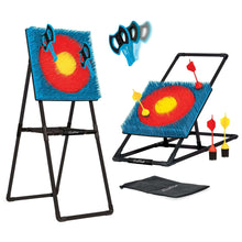 Axe throwing and lawn darts target game set with two standing blue/red boards