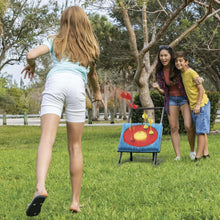 Outdoor lawn darts target set with standing blue board and red bullseye