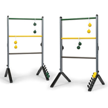 Steel ladderball game frame with yellow and green scoring balls and two throwing stands
