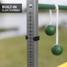 Slide scoring scale on steel ladderball frame with hanging green balls