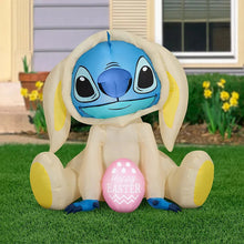 Inflatable Stitch bunny with blue head, long ears, and pink Happy Easter egg