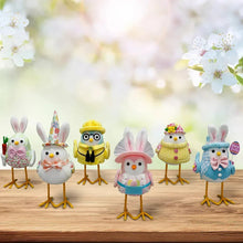 Set of 6 standing Easter birds, pastel dresses, hats, and painted egg details