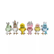 Set of 6 Easter birds in yellow, pink, blue, and white outfits with hats and feet
