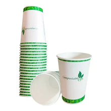 Eco Raj compostable 12 oz hot cups, stack of white cups with green rim