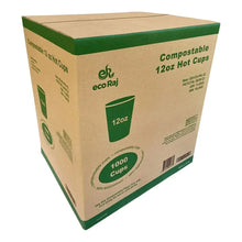 Eco Raj compostable 12 oz hot cups carton, green accents, cardboard box packaging