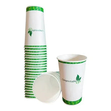 Eco Raj 16 oz compostable cups set: white with green striped sleeves and lid