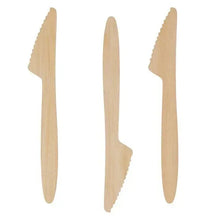 Compostable wooden knives, light wood color; three knife pieces shown