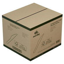 Compostable wooden knife bulk box with Eco Raj branding and printed usage icons