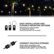 Cafe string light set with LED bulbs and included mounting hardware clips