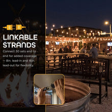 Outdoor LED café string lights with linkable strands and warm bulbs
