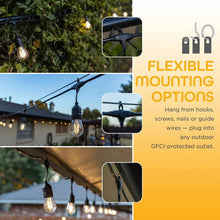 Black outdoor café string lights with hanging bulb sockets and mounting options