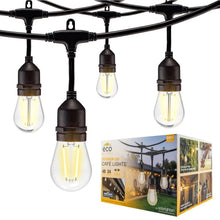 Black outdoor café string lights with warm clear LED bulbs and hanging sockets