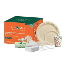 EcoSoul compostable party pack with tan dishes, patterned cups, napkins and utensils