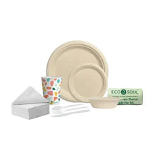 EcoSoul compostable party pack: tan plates, cups, white napkins, utensils set
