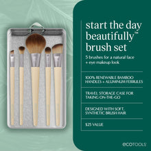 Makeup brush set with five small face brushes in a square gray storage case