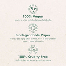 Eco-friendly packaging labels: 100% Vegan, biodegradable paper, cruelty free