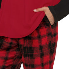 Plaid pajama pants with elastic waistband and black-red tartan pattern detail